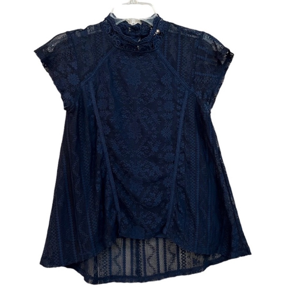 Eyeshadow Women's M Navy Blue Lace Blouse High Neck Short Sleeve Casual​​
